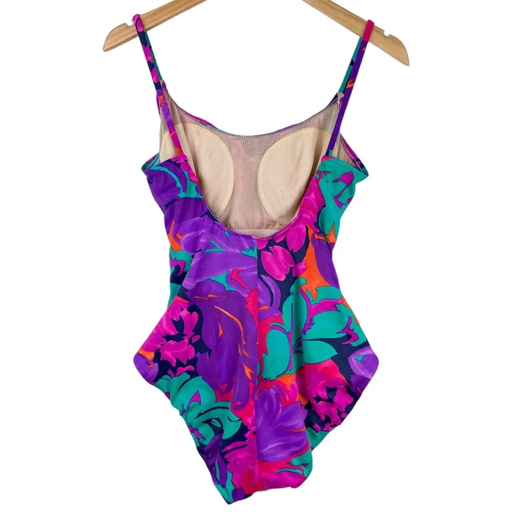 Vtg Y2K Abstract Swim One Piece Sz 16 High Cut Neon Floral Print Ruched